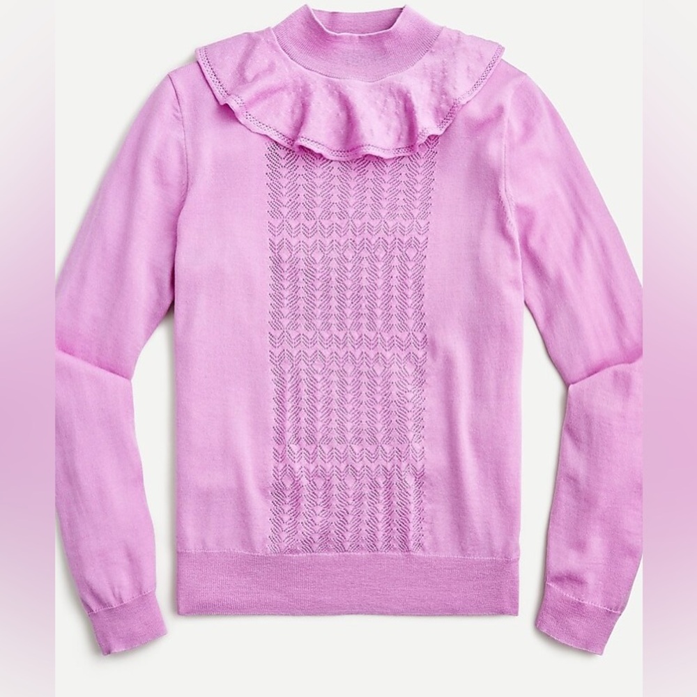 J. Crew Ruffle Mock Neck Sweater Pointelle 100% Merino Wool Womens XS purple